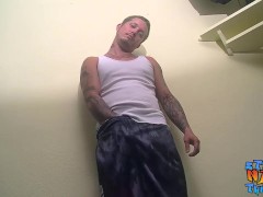 Straight stud with sexy tatts making his hard cock spray cum